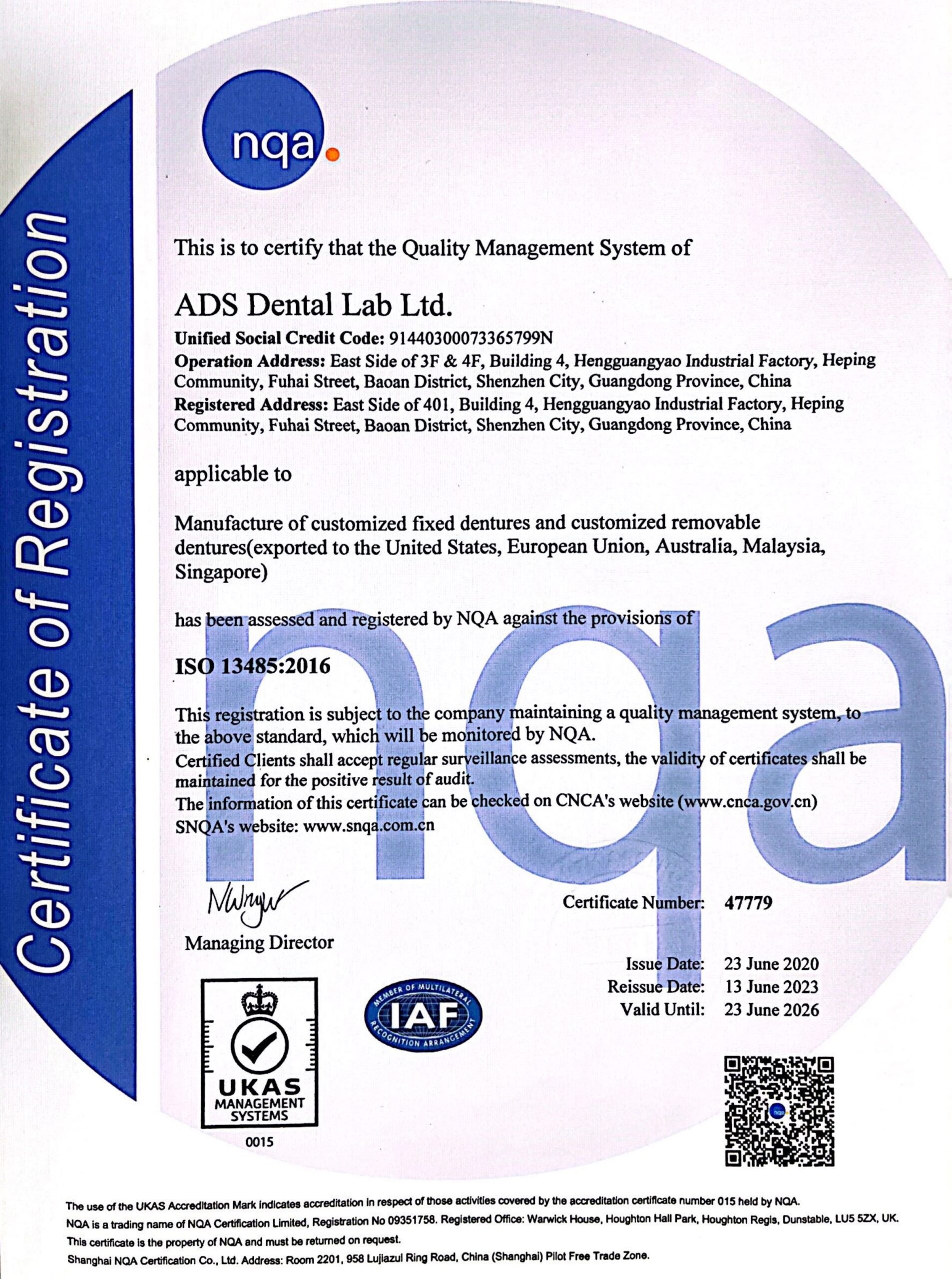 About Us 10 ADS Dental Lab Ltd. — NQA ISO 13485 Certificate of Registration